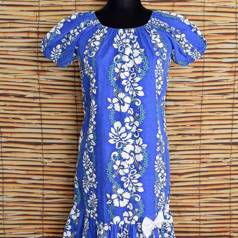Women's 70s Vintage Blue Hawaiian Floral Short Sleeve Dress - 10-12